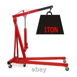 1 Ton Hydraulic Folding Workshop Engine Crane Hoist Lift Stand Mobile Wheels Red