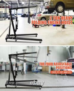 2Ton Hydraulic Folding Engine Crane Stand Hoist lift Jack Wheels Easy Move Black