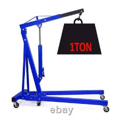 Blue Hydraulic Folding Engine Crane Stand Hoist Lift Jack Wheels Workshop 1 Ton