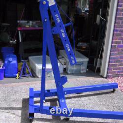 Blue Hydraulic Folding Engine Crane Stand Hoist Lift Jack Wheels Workshop 1 Ton