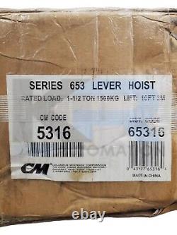 NEW CM 5316 653 Series Hand Operated Chain Lever Hoist 1-1/2 Ton 10Ft Lift READ