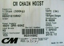New CM Man Guard Mg501610rh2 Electric Chain Hoist 1/2 Ton 460v 3p 10ft
