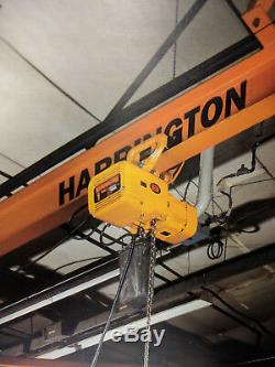 New Harrington 1 Ton NER010L 230/460V Electric Hoist 10' Lift Trolley Mount