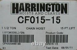 New Harrington Cf015-15 Chain Hoist 1-1/2 Ton 15 Ft Lift Cf01515
