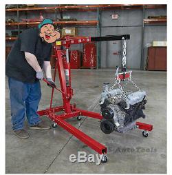 Red 2 Ton Hydraulic Folding Workshop Engine Crane Hoist Heavy Duty Lift Wheels